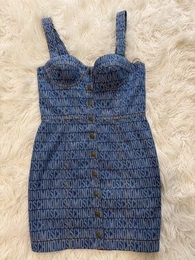 Moschino Blue Logo Jacquard Button-Front Mini Dress